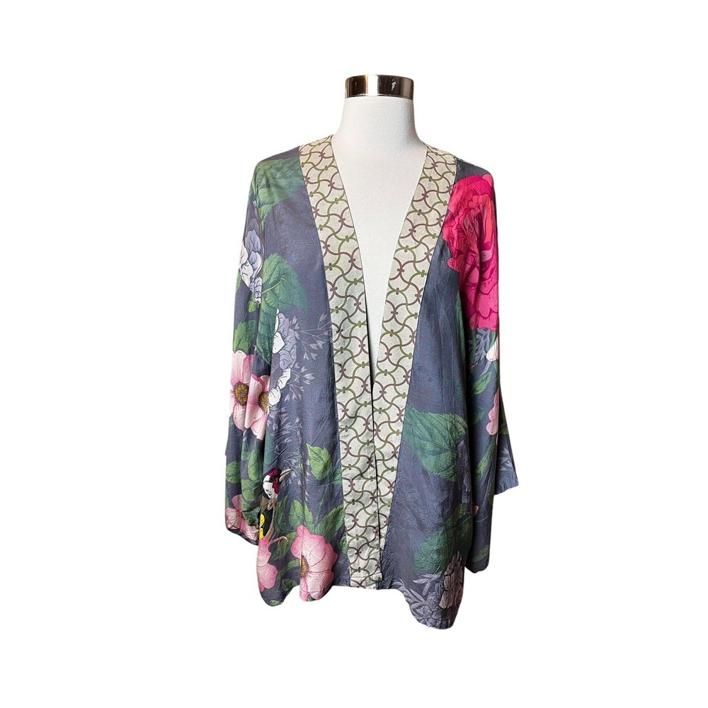 Powder Women's Hedgerow Kimono Jacket One Size Pewter Floral Art To Wear